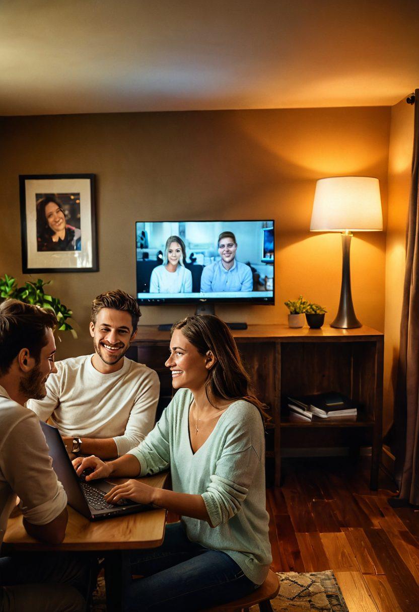A cozy, intimate room featuring a couple engaging with interactive webcams, their faces illuminated by warm light. Include visual elements symbolizing deep personal connections, such as shared laughter and heartfelt expressions on their faces. Capture a sense of modern technology blending with emotional warmth. Soft, inviting colors to enhance the atmosphere. vibrant colors. super-realistic.