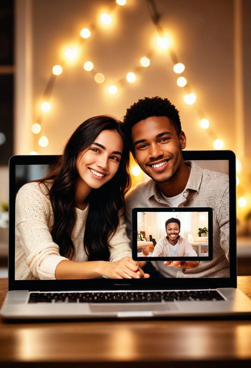 A couple engaging in a passionate video call, portrayed with a warm glow from their interactive webcam, highlighting their emotional connection. Surround them with soft, heart-shaped bokeh lights to symbolize intimacy, while showcasing elements of technology like a laptop and cozy room décor. Expression of love and affection should be evident in their faces. super-realistic. warm colors. cozy ambiance.