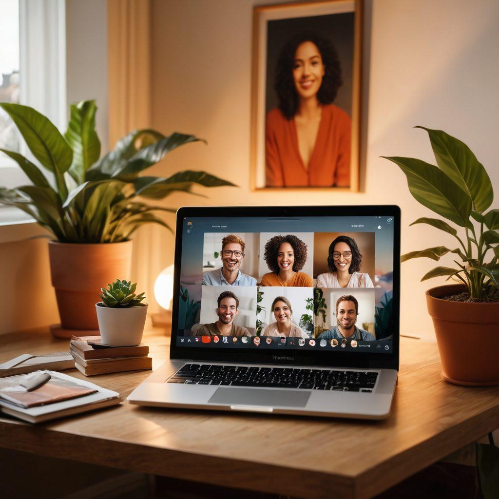 A cozy living room setting with a couple sitting close together, both engaged with a laptop streaming video calls. Soft warm lighting illuminates their affectionate expressions as they interact with friends on the screen. Surrounding them are framed photographs and a small indoor plant to signify warmth and connection. A subtle hint of technology can be seen in the form of a sleek webcam on the top of the laptop. super-realistic. warm colors. intimate atmosphere.